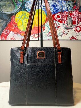 Dooney & Bourke Navy Pebbled Leather Tote with Brown Trim